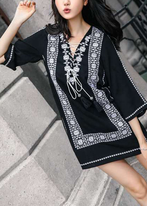 Dress Mid Cotton Sleeve Lace Embroidered Navy Loose Bracelet Up