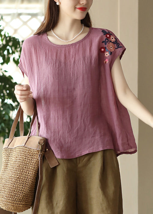 Navy Summer Shirts O Linen Neck T Loose Embroidered