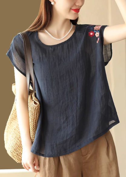 Navy Summer Shirts O Linen Neck T Loose Embroidered