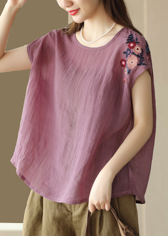 Navy Summer Shirts O Linen Neck T Loose Embroidered