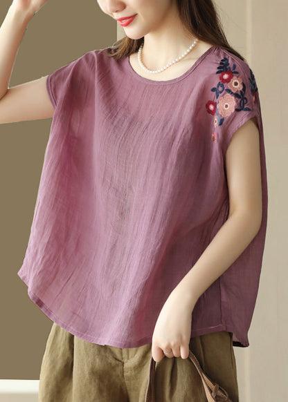 Navy Summer Shirts O Linen Neck T Loose Embroidered