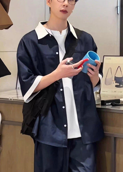 Loose Pan Patchwork Mens Collar Peter Summer Shirts Navy Denim