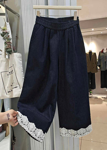 Patchwork Lace Loose Crop Summer Denim Navy Pockets Pants