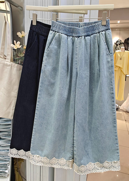 Patchwork Lace Loose Crop Summer Denim Navy Pockets Pants