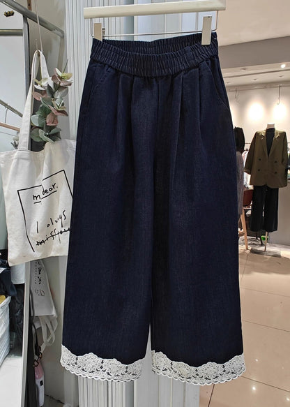 Patchwork Lace Loose Crop Summer Denim Navy Pockets Pants