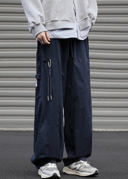 Drawstring Navy Pants Pockets Solid Mens Cotton Spring Loose