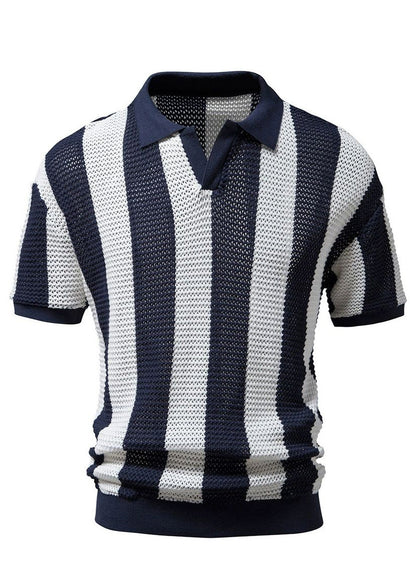 Striped Shirt Polo Knit And Loose Men Hollow Navy Out