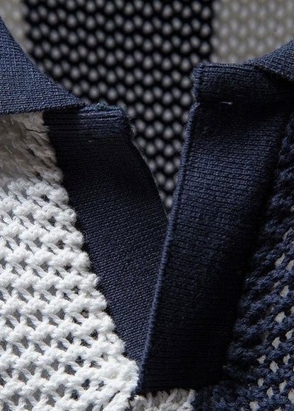 Striped Shirt Polo Knit And Loose Men Hollow Navy Out