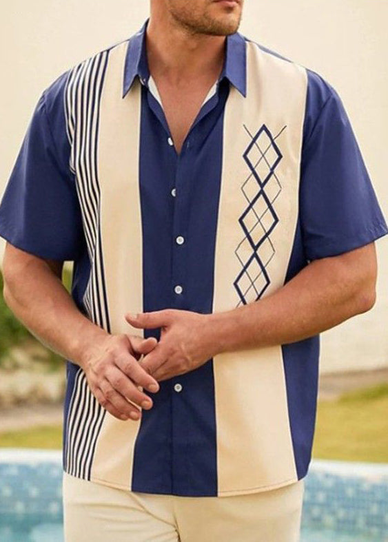 Patchwork Navy Striped Men Loose Cotton Shirts Summer