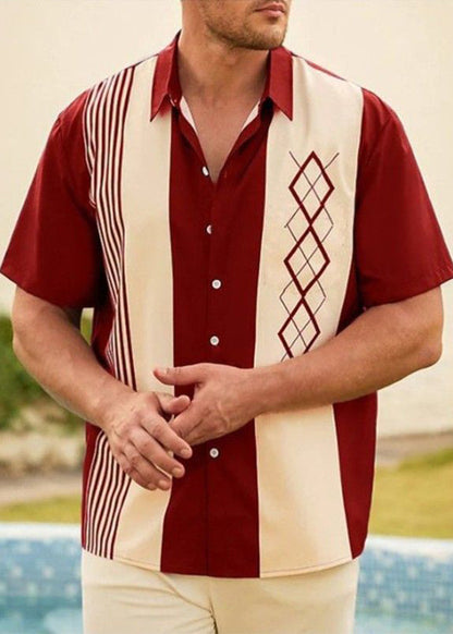 Patchwork Navy Striped Men Loose Cotton Shirts Summer