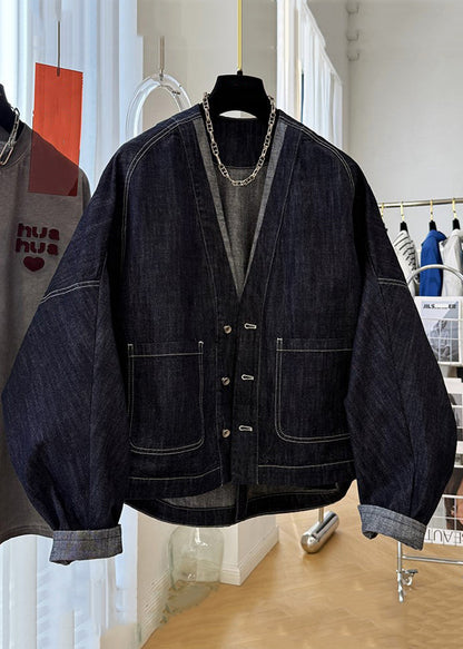 Coats Sleeve Batwing Denim Navy V Pockets Button Neck Loose