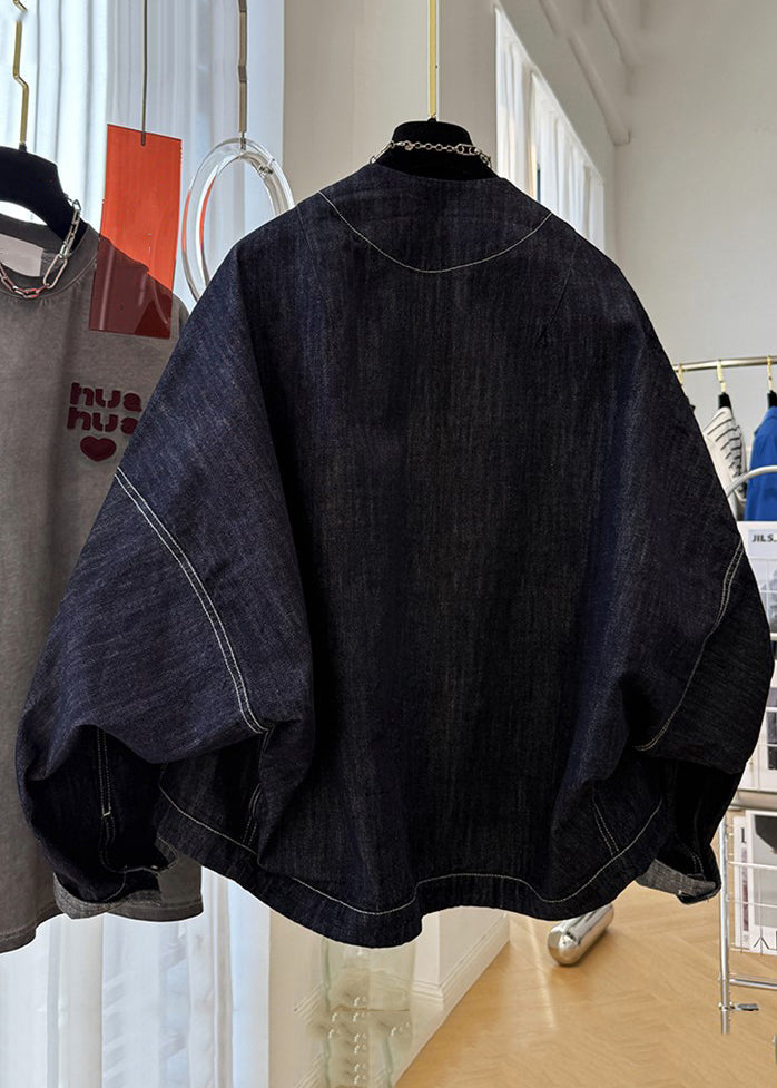 Coats Sleeve Batwing Denim Navy V Pockets Button Neck Loose