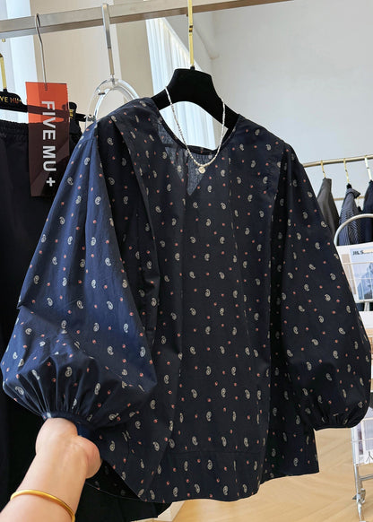 Fall Cotton Loose Print V Shirts Neck Navy