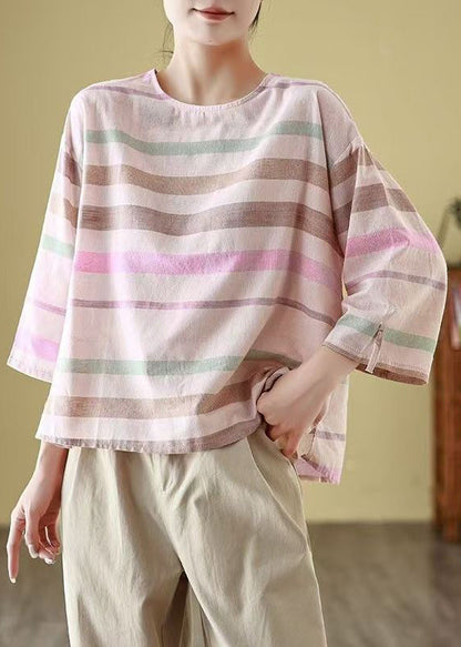 Linen Loose T Striped Cozy Neck Shirt Sleeve Bracelet O