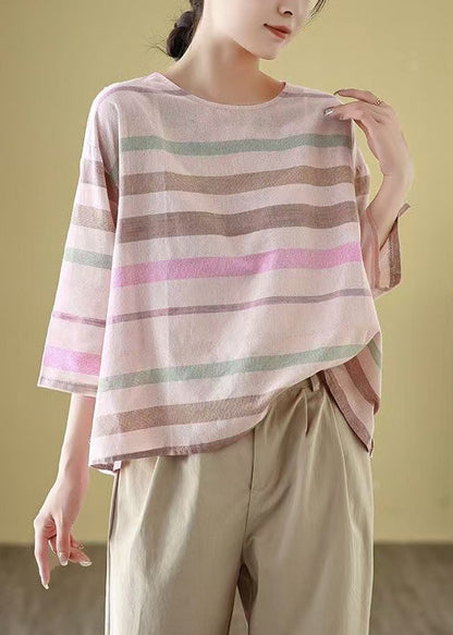 Linen Loose T Striped Cozy Neck Shirt Sleeve Bracelet O