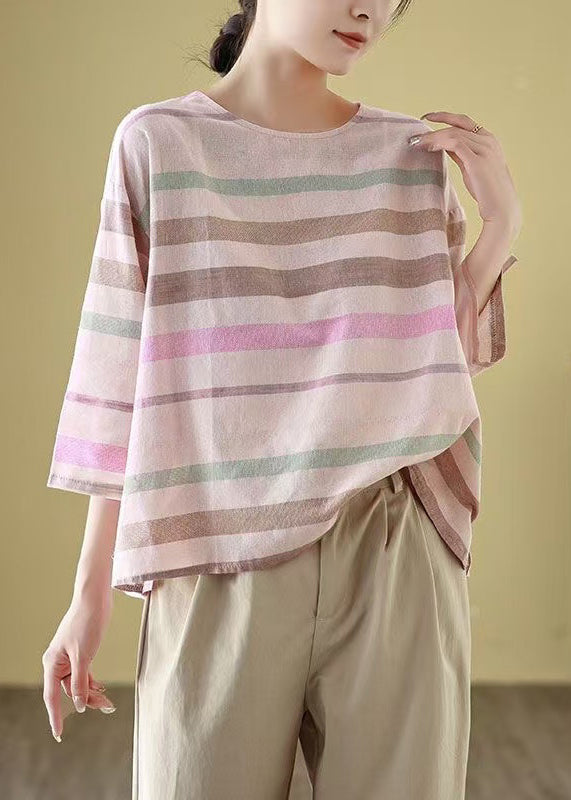O Shirt Linen Cozy Loose Striped Bracelet T Neck Sleeve