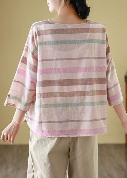O Shirt Linen Cozy Loose Striped Bracelet T Neck Sleeve