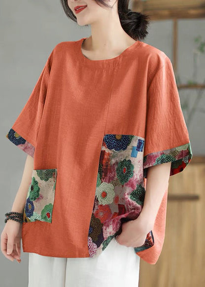 Sleeve Orange Print Tops Short O-Neck Loose