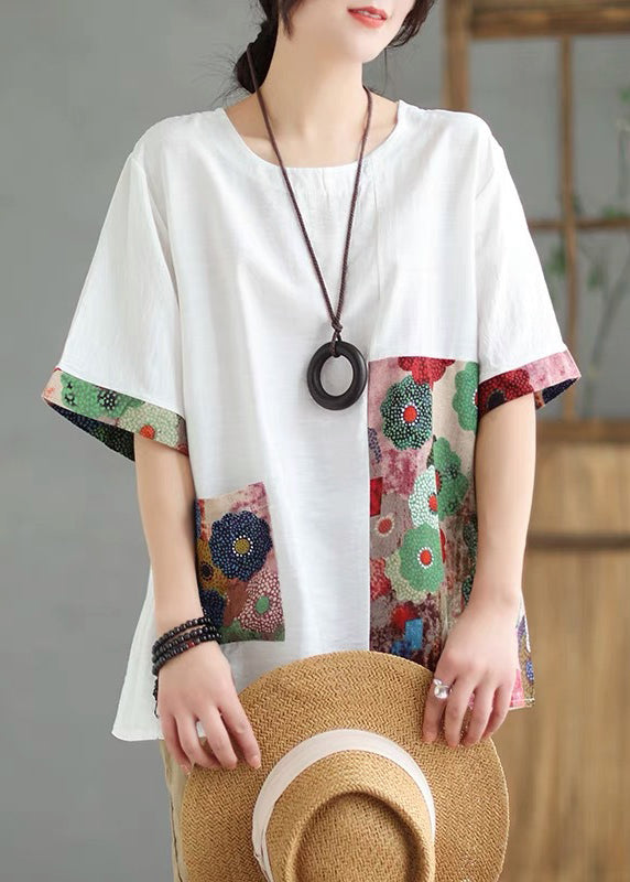 Sleeve Orange Print Tops Short O-Neck Loose