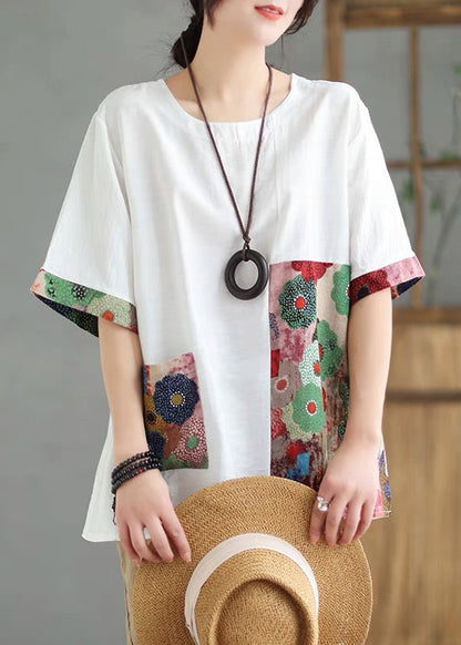 Sleeve Orange Print Tops Short O-Neck Loose