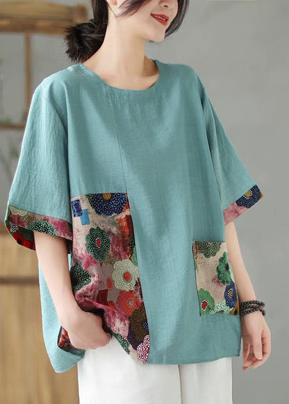 Sleeve Orange Print Tops Short O-Neck Loose