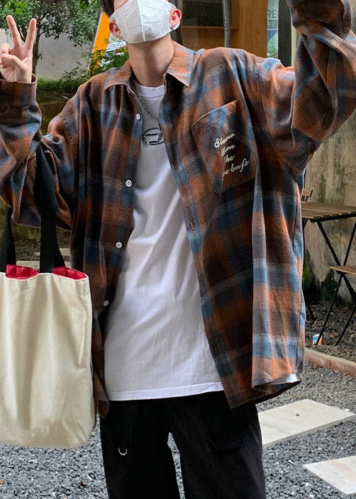 Collar Shirt Loose Orange Peter Plaid Pan Spring Cotton Men