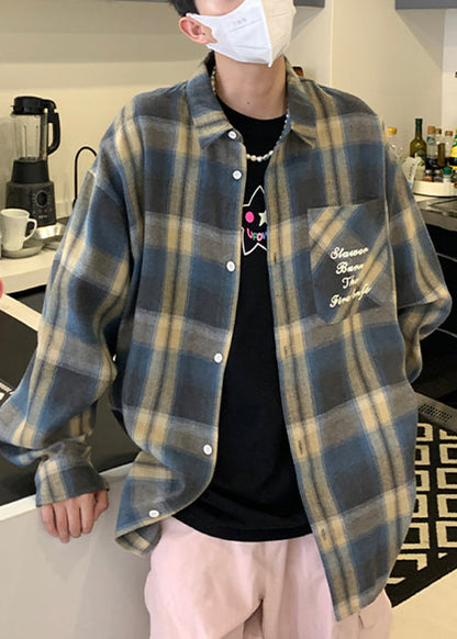 Collar Shirt Loose Orange Peter Plaid Pan Spring Cotton Men