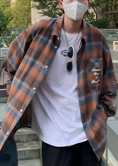 Collar Shirt Loose Orange Peter Plaid Pan Spring Cotton Men