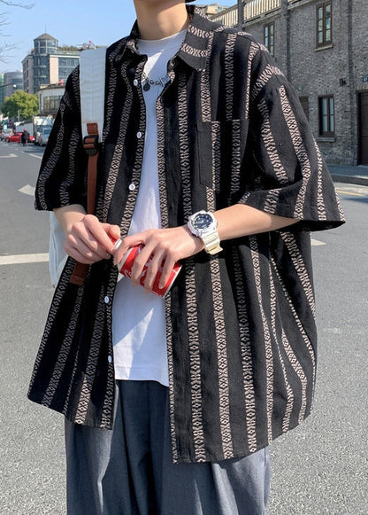 Collar Summer Orange Loose Men Cotton Shirt Peter Striped Pan