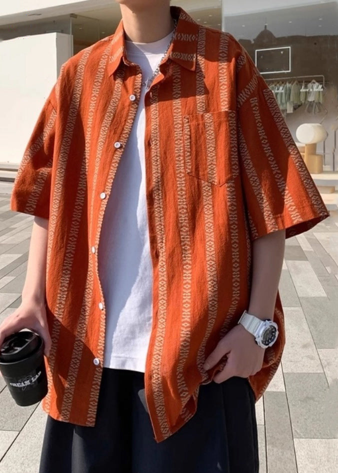 Collar Summer Orange Loose Men Cotton Shirt Peter Striped Pan