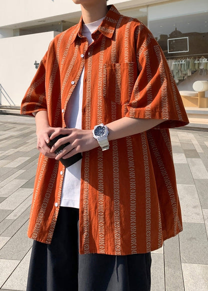 Collar Summer Orange Loose Men Cotton Shirt Peter Striped Pan
