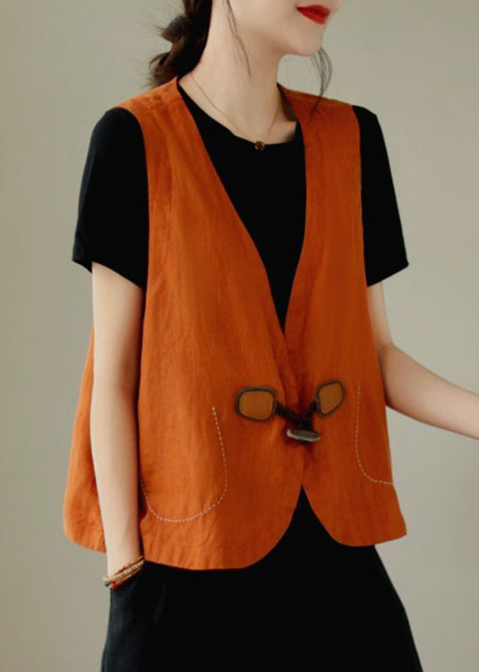 Waistcoat Linen Button Loose Neck V Orange Sleeveless
