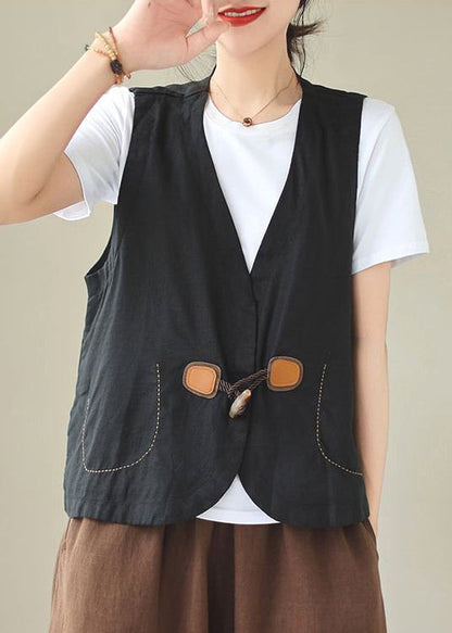 Waistcoat Linen Button Loose Neck V Orange Sleeveless