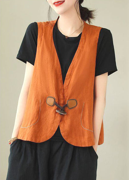 Waistcoat Linen Button Loose Neck V Orange Sleeveless