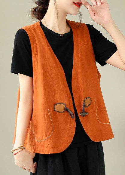 Neck Sleeveless Waistcoat Loose Linen V Button Orange