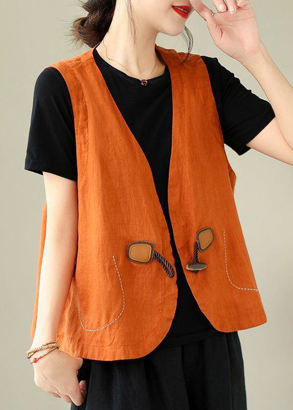 Waistcoat Linen Button Loose Neck V Orange Sleeveless