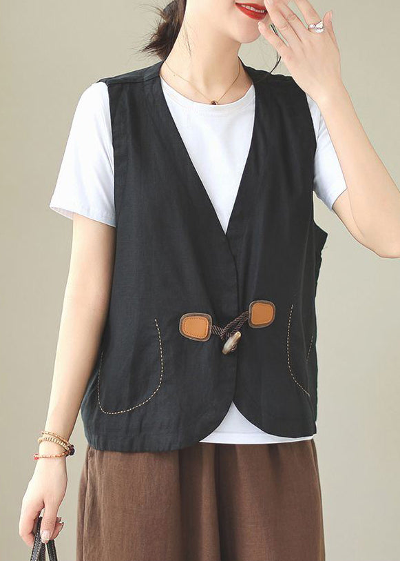 Waistcoat Linen Button Loose Neck V Orange Sleeveless