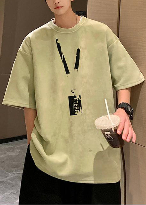 Shirts T Pea Summer Suede Faux Green Loose Neck O Men Print