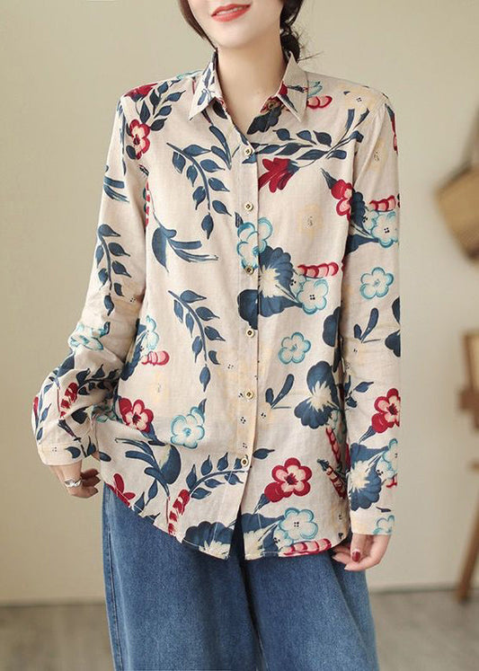 Loose Peter Pan Collar Button Print Cotton Shirt Long Sleeve VV033