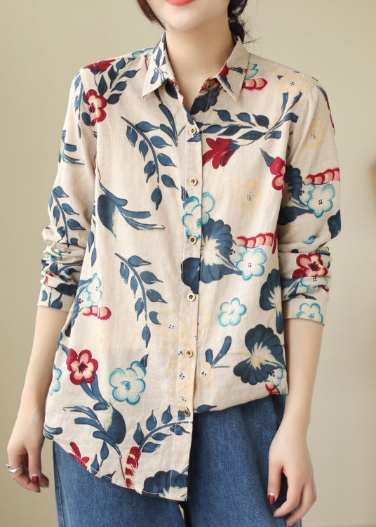 Loose Peter Pan Collar Button Print Cotton Shirt Long Sleeve VV033