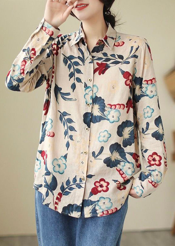 Loose Peter Pan Collar Button Print Cotton Shirt Long Sleeve VV033