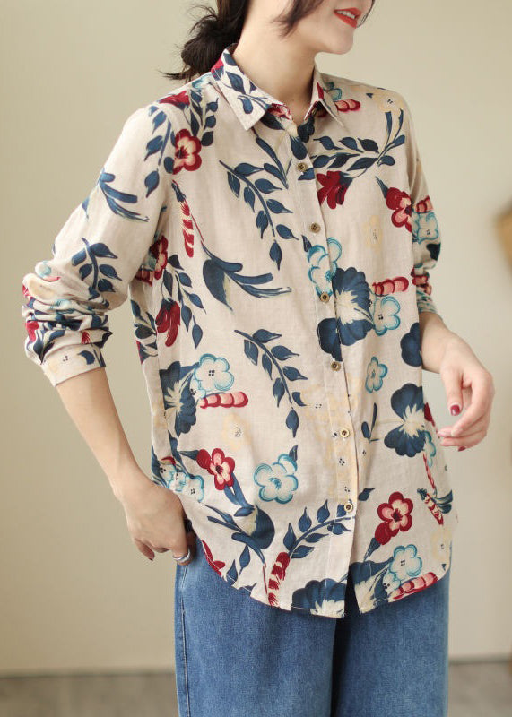 Loose Peter Pan Collar Button Print Cotton Shirt Long Sleeve VV033