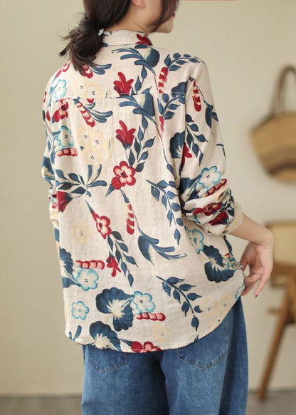 Loose Peter Pan Collar Button Print Cotton Shirt Long Sleeve VV033