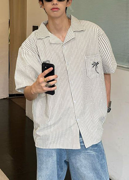 Collar Mens Shirts Pan Summer Striped Peter Loose Cotton Pockets