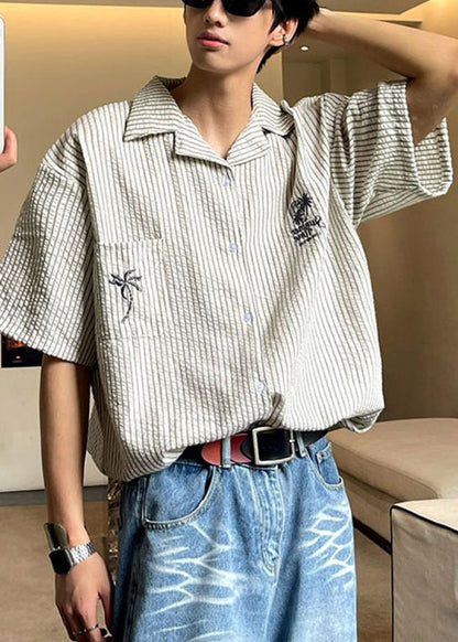 Collar Mens Shirts Pan Summer Striped Peter Loose Cotton Pockets