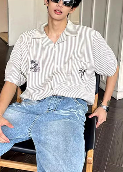 Collar Mens Shirts Pan Summer Striped Peter Loose Cotton Pockets