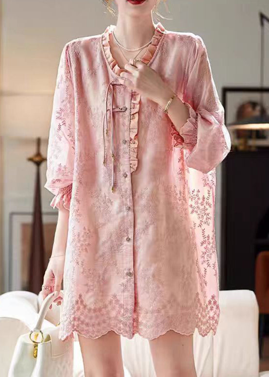 Loose Pink Embroidered Ruffled Button Cotton Shirts Dress Butterfly Sleeve RZ039