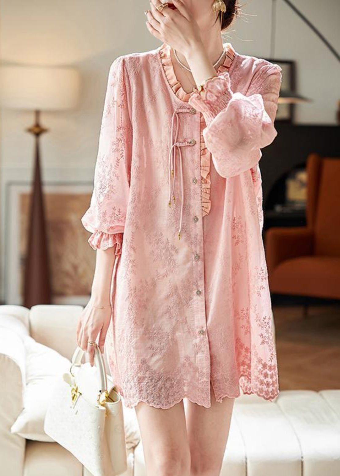 Loose Pink Embroidered Ruffled Button Cotton Shirts Dress Butterfly Sleeve RZ039