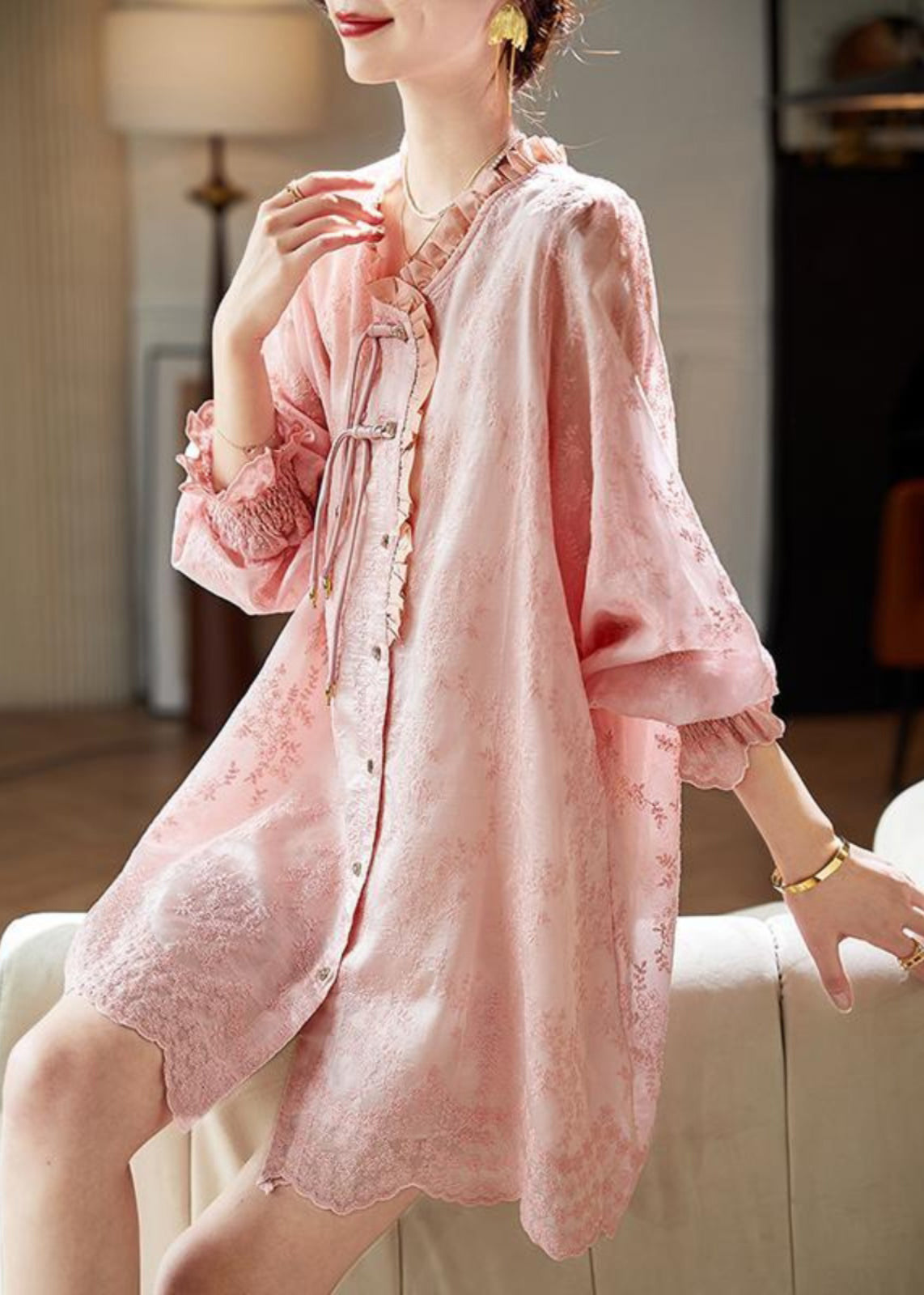 Loose Pink Embroidered Ruffled Button Cotton Shirts Dress Butterfly Sleeve RZ039
