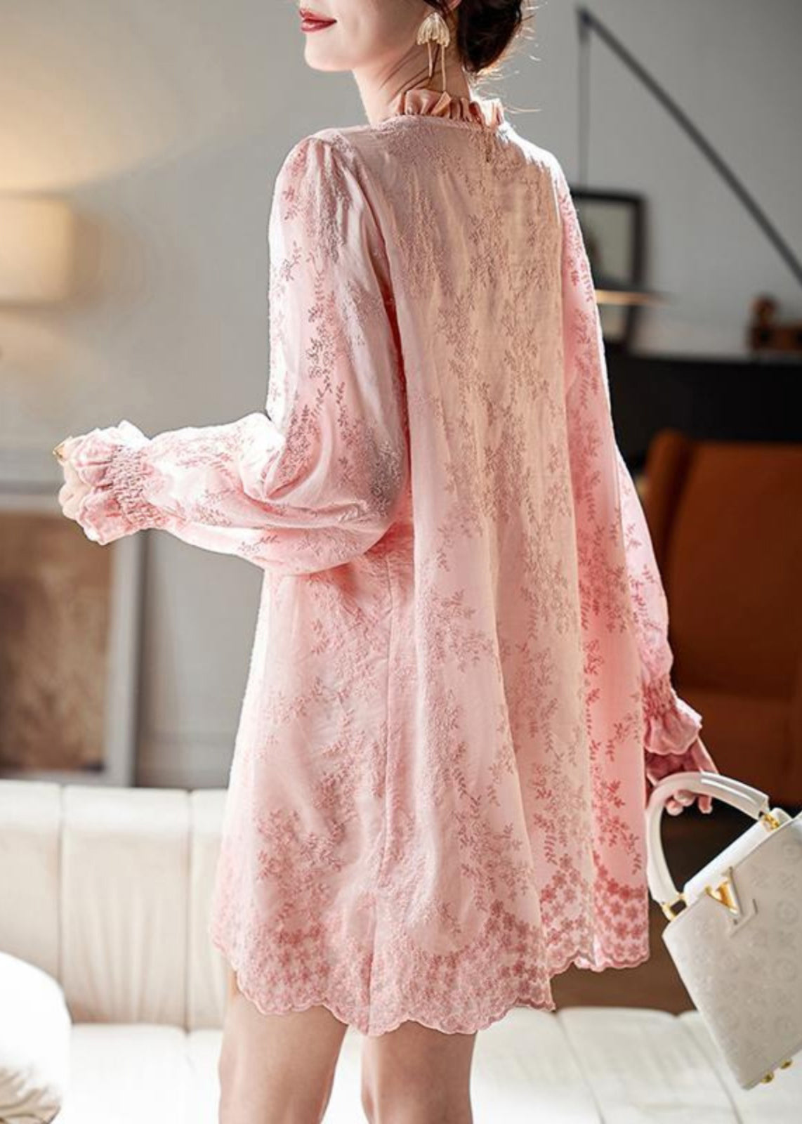 Loose Pink Embroidered Ruffled Button Cotton Shirts Dress Butterfly Sleeve RZ039
